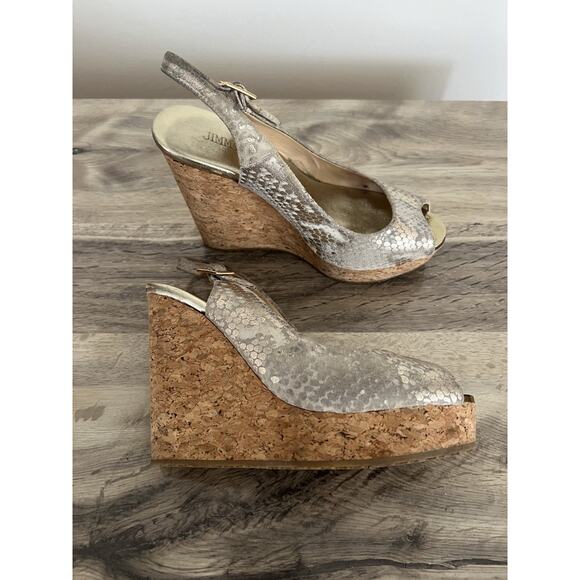 Jimmy Choo Prova Snake Print Silver Metallic Cork Wedges Heels Size 36.5 - Picture 4 of 10